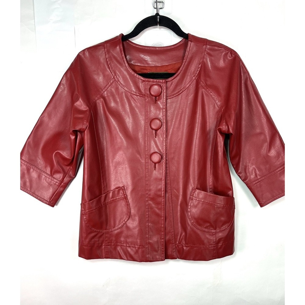 Mountain Lake Petite Small Red Faux Leather 3/4 Sleeve Button Up Jacket